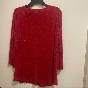 Valolia Womens Blouse Top XL 44” Red With Allover Silver Sparkle Bell Sleeve